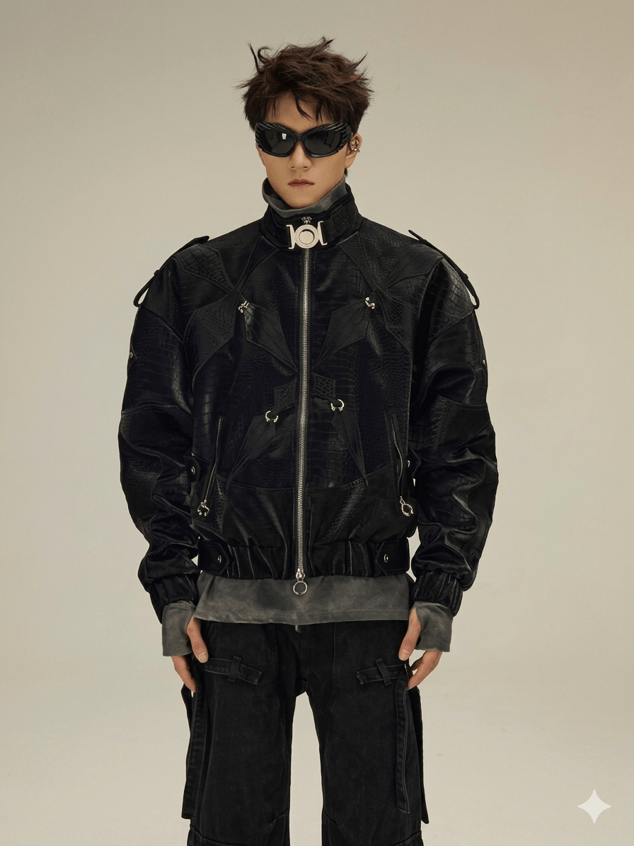 Shiny Black Croc-Embossed Men's Jacket  Luxury Y2K Cropped Leather Coat  2026 Designer Streetwear