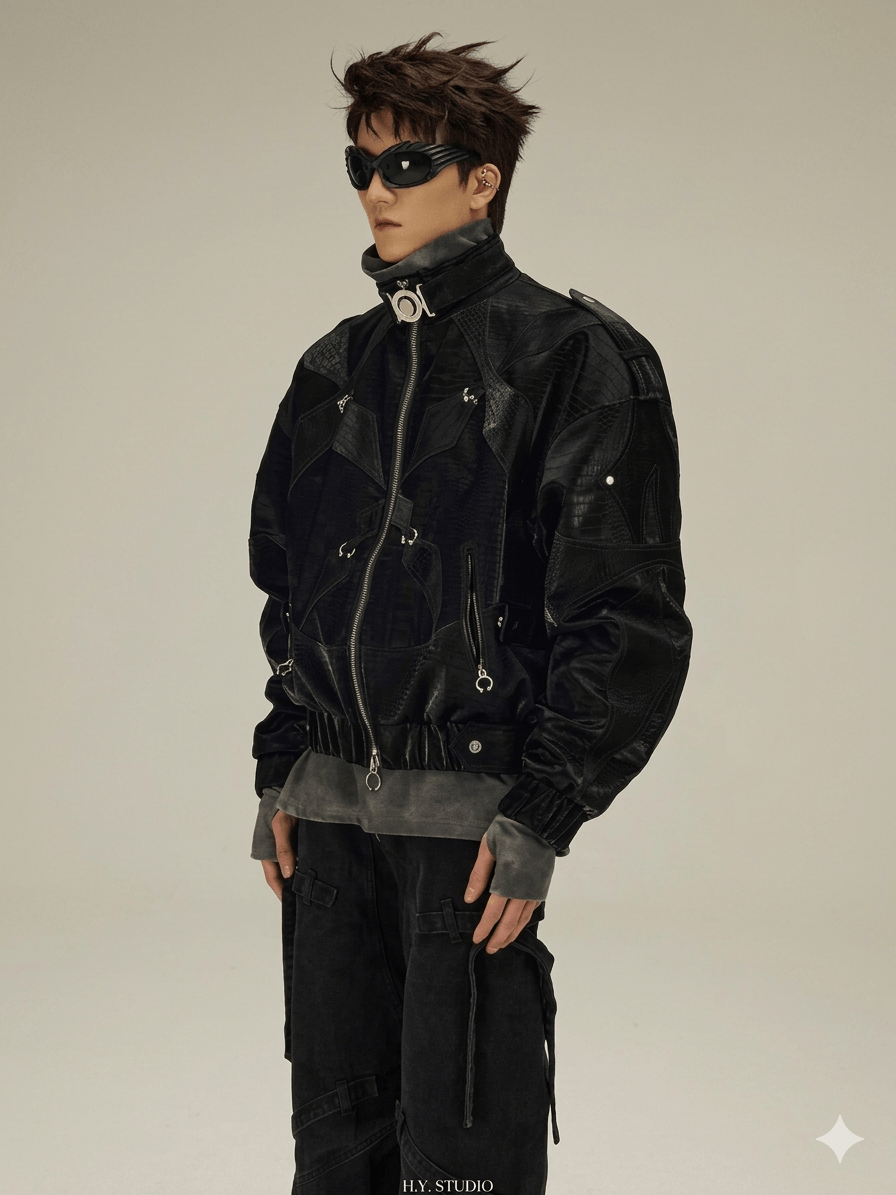 Shiny Black Croc-Embossed Men's Jacket  Luxury Y2K Cropped Leather Coat  2026 Designer Streetwear