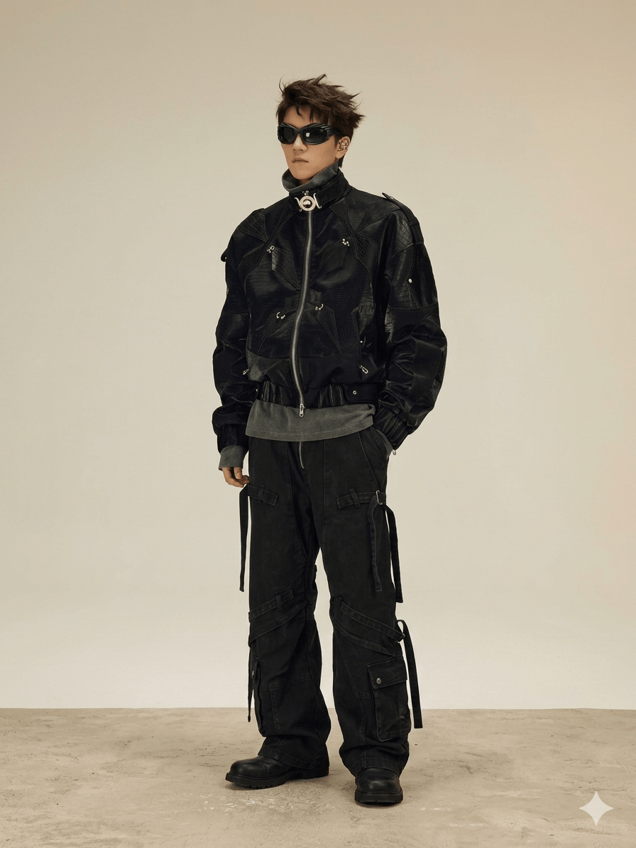 Shiny Black Croc-Embossed Men's Jacket  Luxury Y2K Cropped Leather Coat  2026 Designer Streetwear