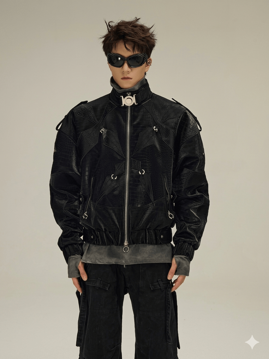 Shiny Black Croc-Embossed Men's Jacket  Luxury Y2K Cropped Leather Coat  2026 Designer Streetwear
