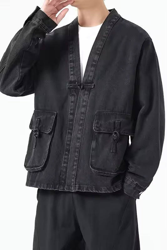 Fashion Men Denim Jacket Cotton Kimono Japanese Pocket Cardigan Coat Vintage Traditional Jackets Men Hip Hop Loose Outwear