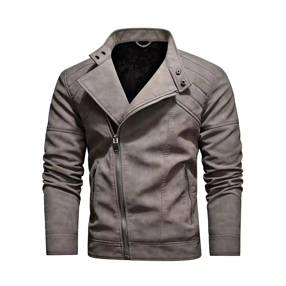 Men's PU leather jacket with fleece large lapel diagonal front zip autumn and winter stand-up collar jacket