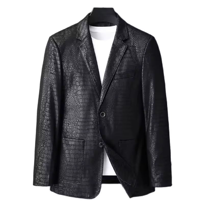 Men's Casual Spring Autumn Vintage Soft Faux Leather Jackets Male Classic Slim Fit Crocodile Pattern Suit Black Blazers Coats