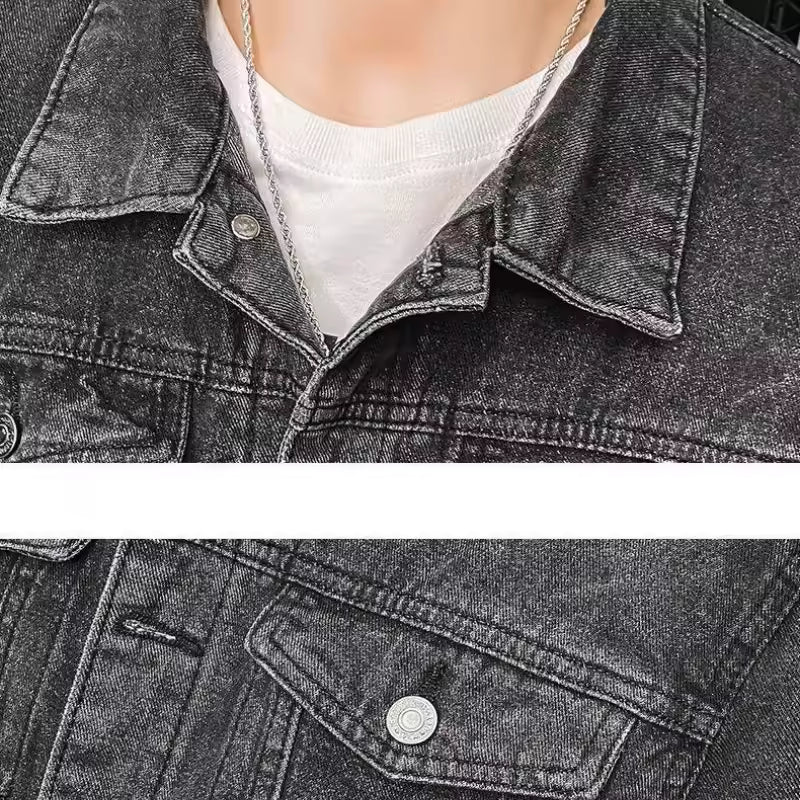 Men's Retro Light Blue Washed Denim Jacket Classic Button-Up Trucker Coat Casual Outerwear Autumn