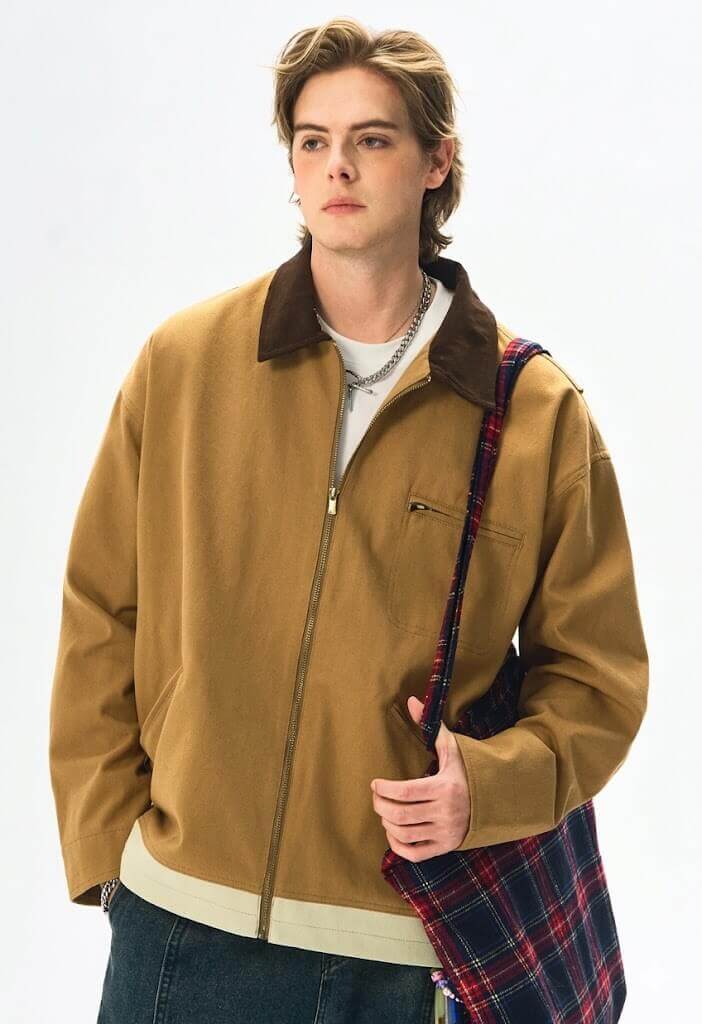 Men's American Vintage Workwear Jacket - Autumn Loose Fit Washed Heavyweight Cotton Canvas Jacket with Lapel Collar