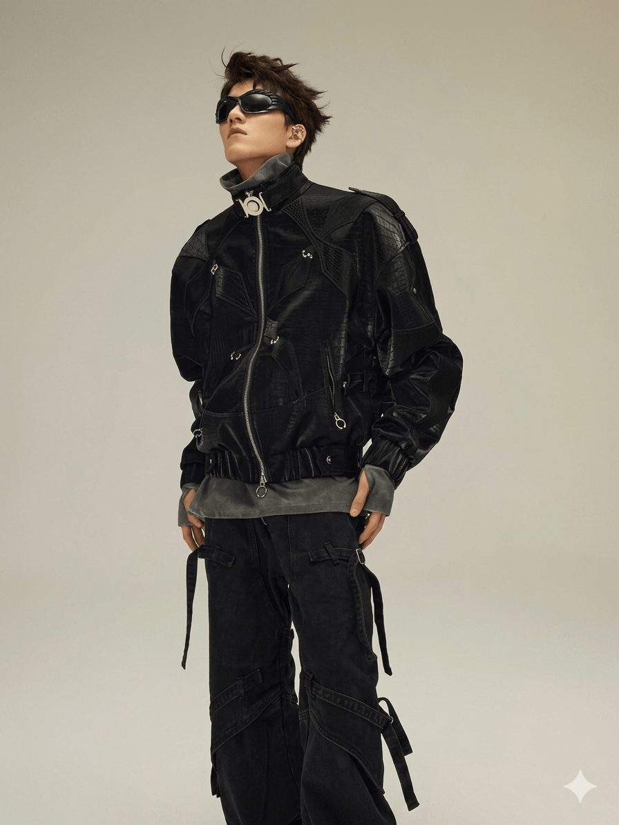 Shiny Black Croc-Embossed Men's Jacket  Luxury Y2K Cropped Leather Coat  2026 Designer Streetwear