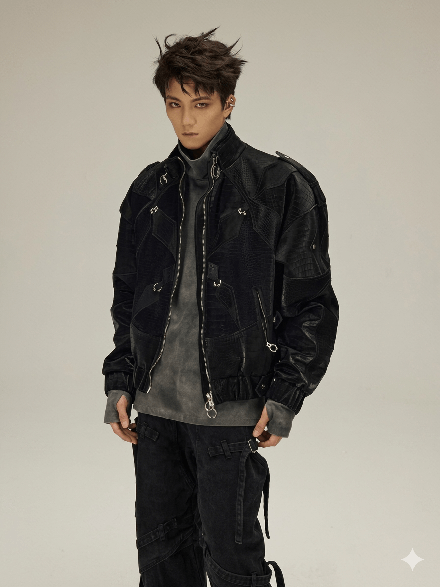 Shiny Black Croc-Embossed Men's Jacket  Luxury Y2K Cropped Leather Coat  2026 Designer Streetwear
