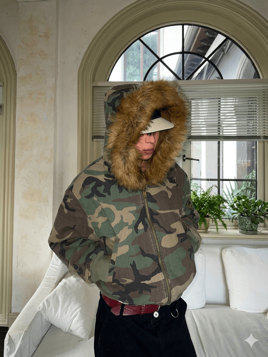 Men's Double-Sided Camouflage Puffer Jacket - Thick Fleece-Lined Parka - Faux Fur Collar Winter Coat