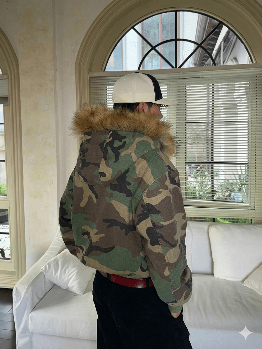 Men's Double-Sided Camouflage Puffer Jacket - Thick Fleece-Lined Parka - Faux Fur Collar Winter Coat