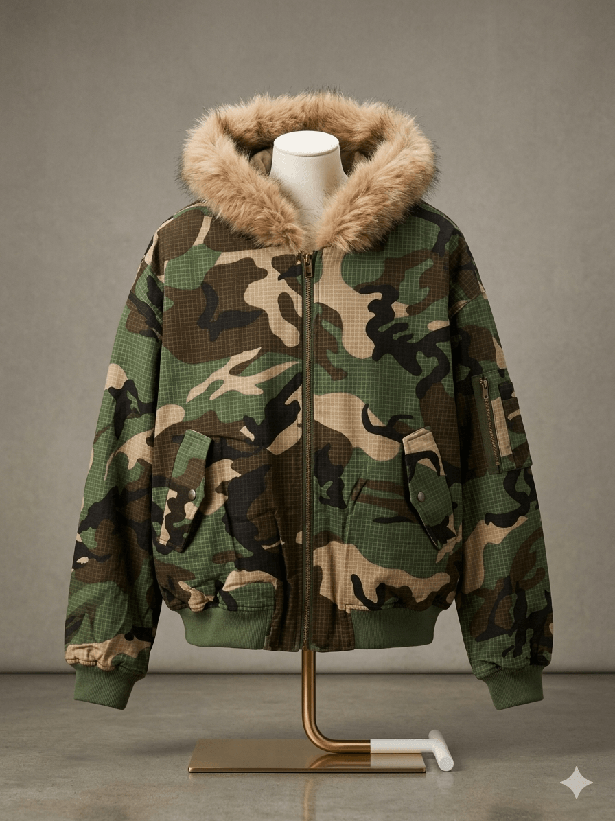 Men's Double-Sided Camouflage Puffer Jacket - Thick Fleece-Lined Parka - Faux Fur Collar Winter Coat