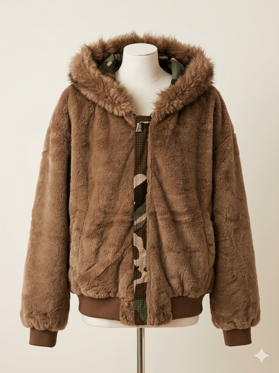 Men's Double-Sided Camouflage Puffer Jacket - Thick Fleece-Lined Parka - Faux Fur Collar Winter Coat