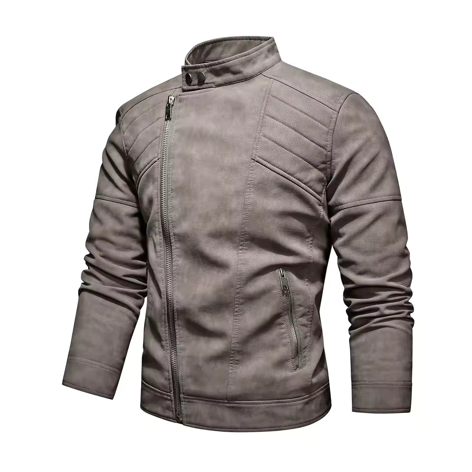 Men's PU leather jacket with fleece large lapel diagonal front zip autumn and winter stand-up collar jacket