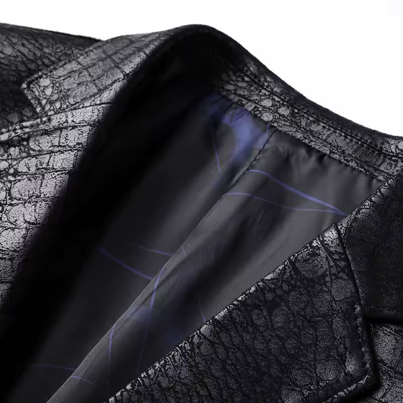 Men's Casual Spring Autumn Vintage Soft Faux Leather Jackets Male Classic Slim Fit Crocodile Pattern Suit Black Blazers Coats