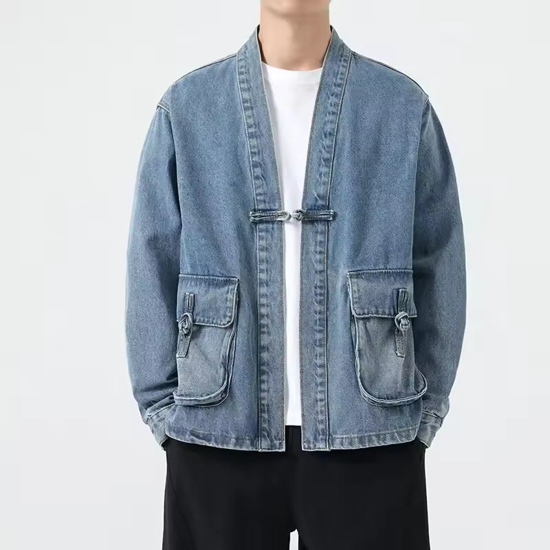Fashion Men Denim Jacket Cotton Kimono Japanese Pocket Cardigan Coat Vintage Traditional Jackets Men Hip Hop Loose Outwear