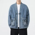 Fashion Men Denim Jacket Cotton Kimono Japanese Pocket Cardigan Coat Vintage Traditional Jackets Men Hip Hop Loose Outwear