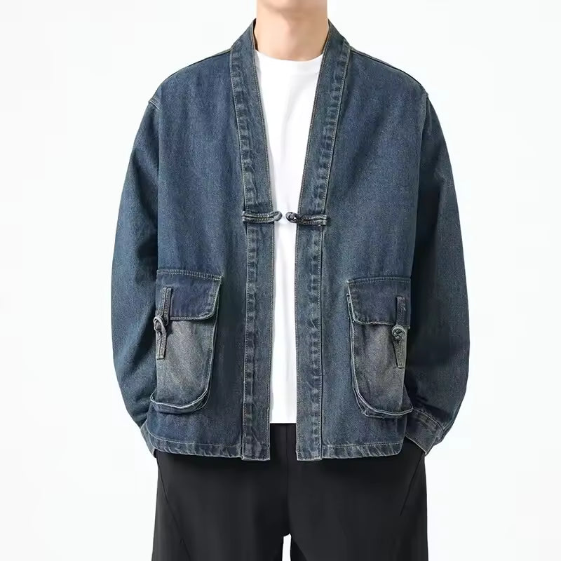 Fashion Men Denim Jacket Cotton Kimono Japanese Pocket Cardigan Coat Vintage Traditional Jackets Men Hip Hop Loose Outwear