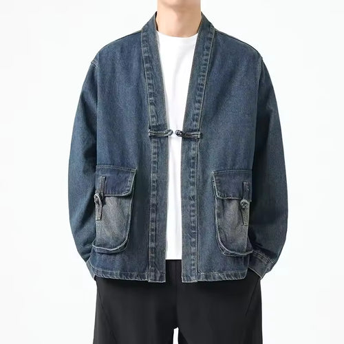 Fashion Men Denim Jacket Cotton Kimono Japanese Pocket Cardigan Coat Vintage Traditional Jackets Men Hip Hop Loose Outwear