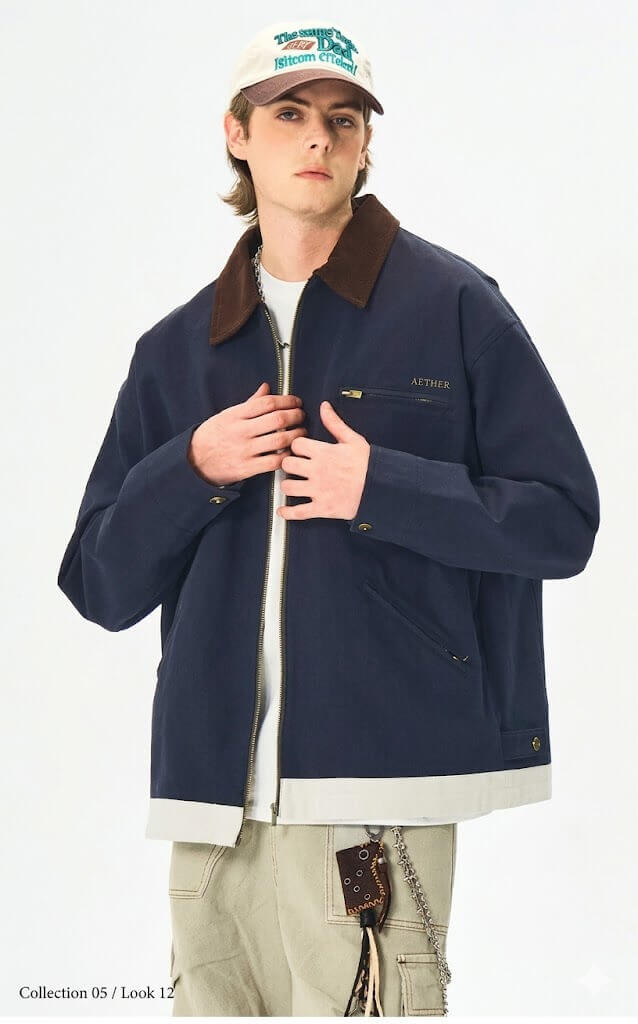 Men's American Vintage Workwear Jacket - Autumn Loose Fit Washed Heavyweight Cotton Canvas Jacket with Lapel Collar