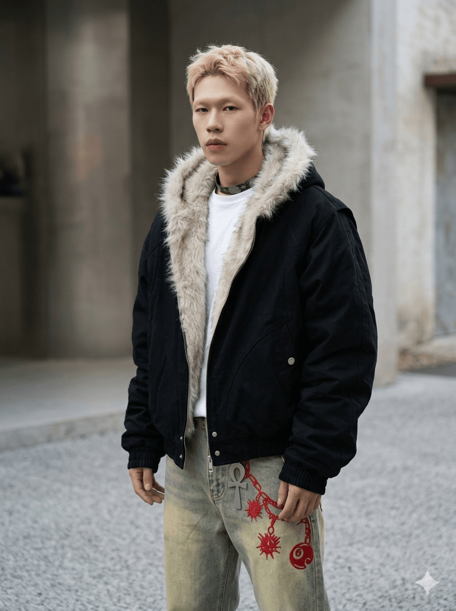 Gothic Harajuku Oversized Winter Coat - Thickened Men's Streetwear Hooded Jacket with Faux Fur Trim