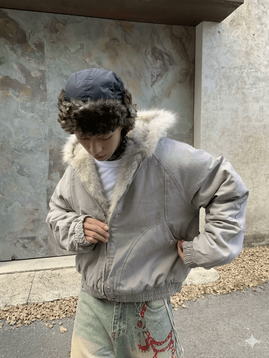 Gothic Harajuku Oversized Winter Coat - Thickened Men's Streetwear Hooded Jacket with Faux Fur Trim