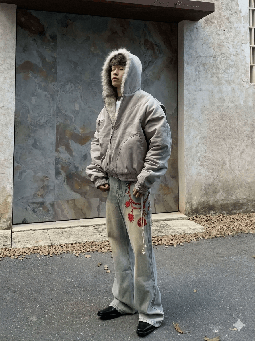 Gothic Harajuku Oversized Winter Coat - Thickened Men's Streetwear Hooded Jacket with Faux Fur Trim