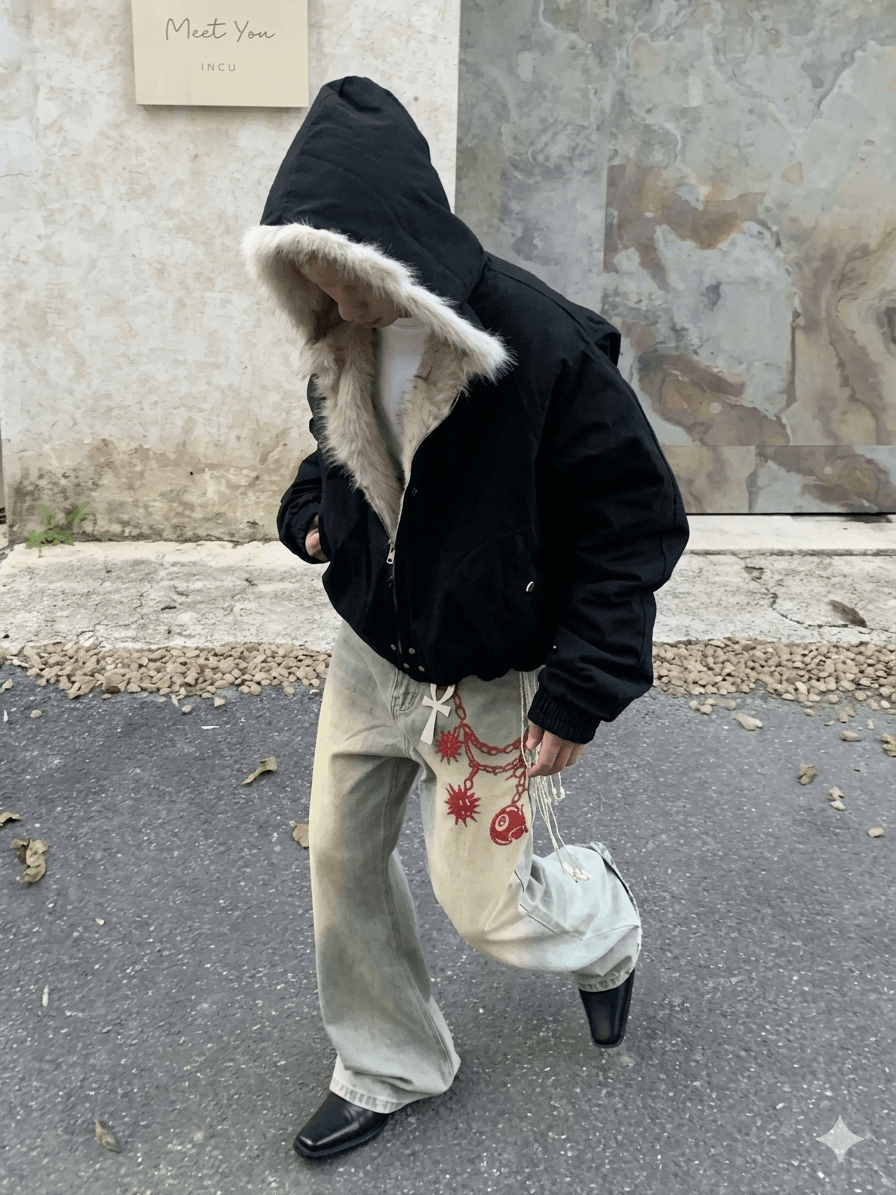 Gothic Harajuku Oversized Winter Coat - Thickened Men's Streetwear Hooded Jacket with Faux Fur Trim