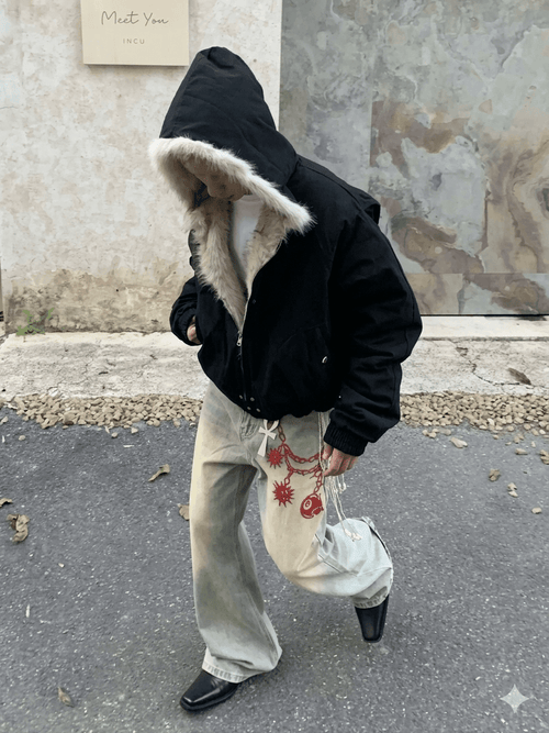 Gothic Harajuku Oversized Winter Coat - Thickened Men's Streetwear Hooded Jacket with Faux Fur Trim