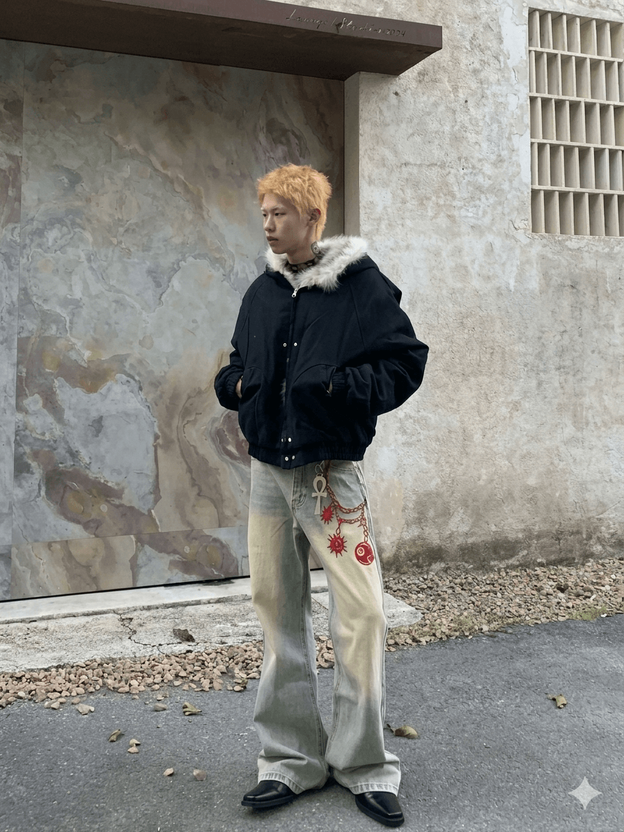 Gothic Harajuku Oversized Winter Coat - Thickened Men's Streetwear Hooded Jacket with Faux Fur Trim