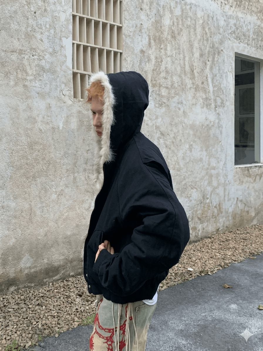Gothic Harajuku Oversized Winter Coat - Thickened Men's Streetwear Hooded Jacket with Faux Fur Trim