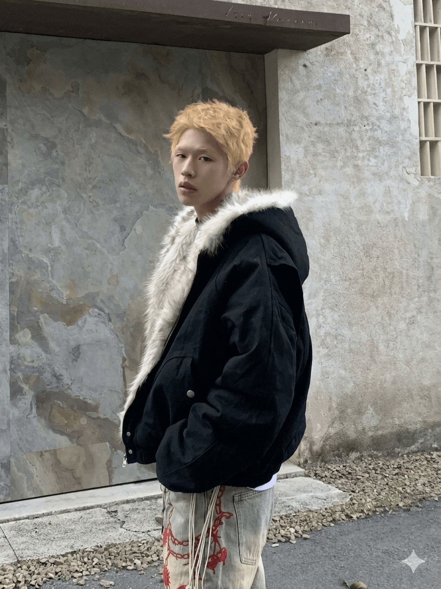 Gothic Harajuku Oversized Winter Coat - Thickened Men's Streetwear Hooded Jacket with Faux Fur Trim