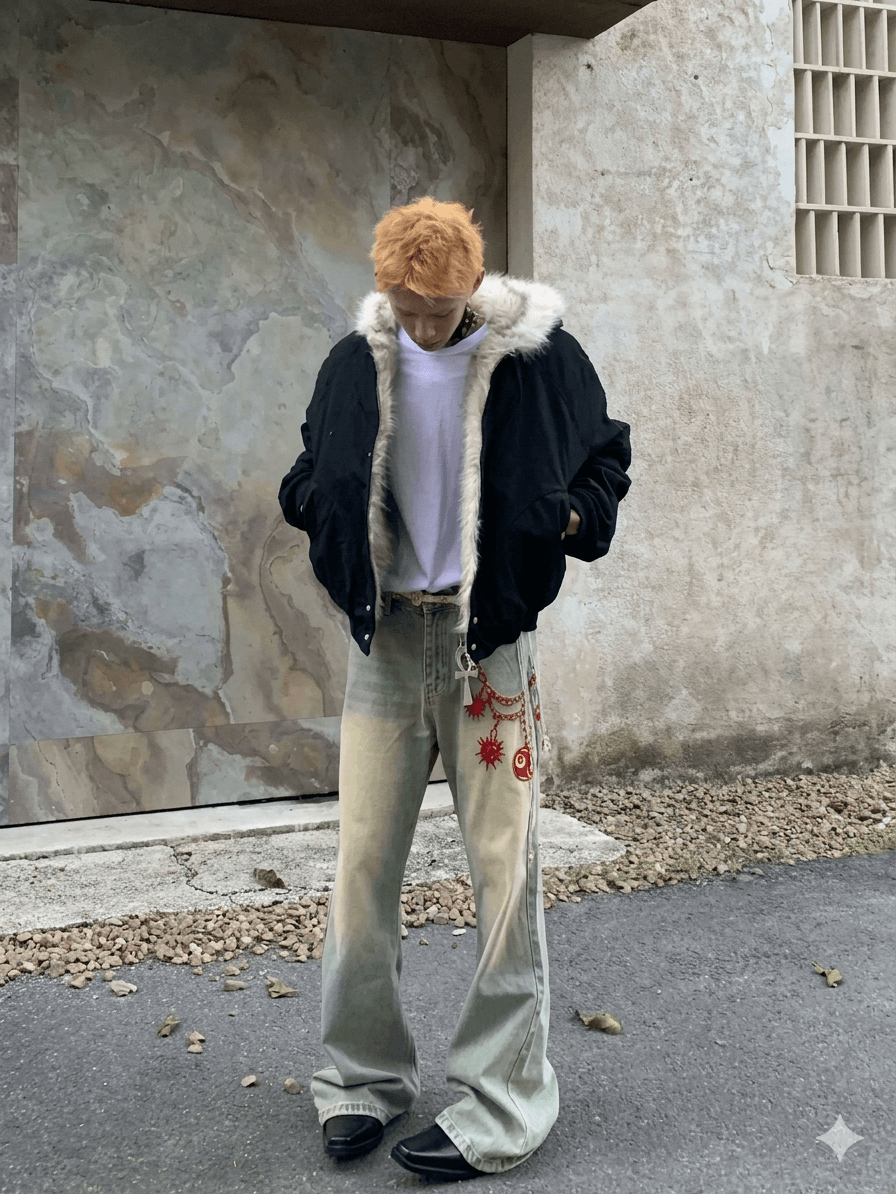 Gothic Harajuku Oversized Winter Coat - Thickened Men's Streetwear Hooded Jacket with Faux Fur Trim