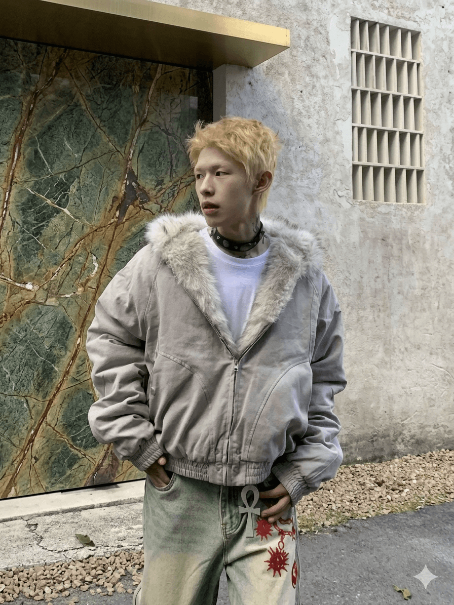 Gothic Harajuku Oversized Winter Coat - Thickened Men's Streetwear Hooded Jacket with Faux Fur Trim