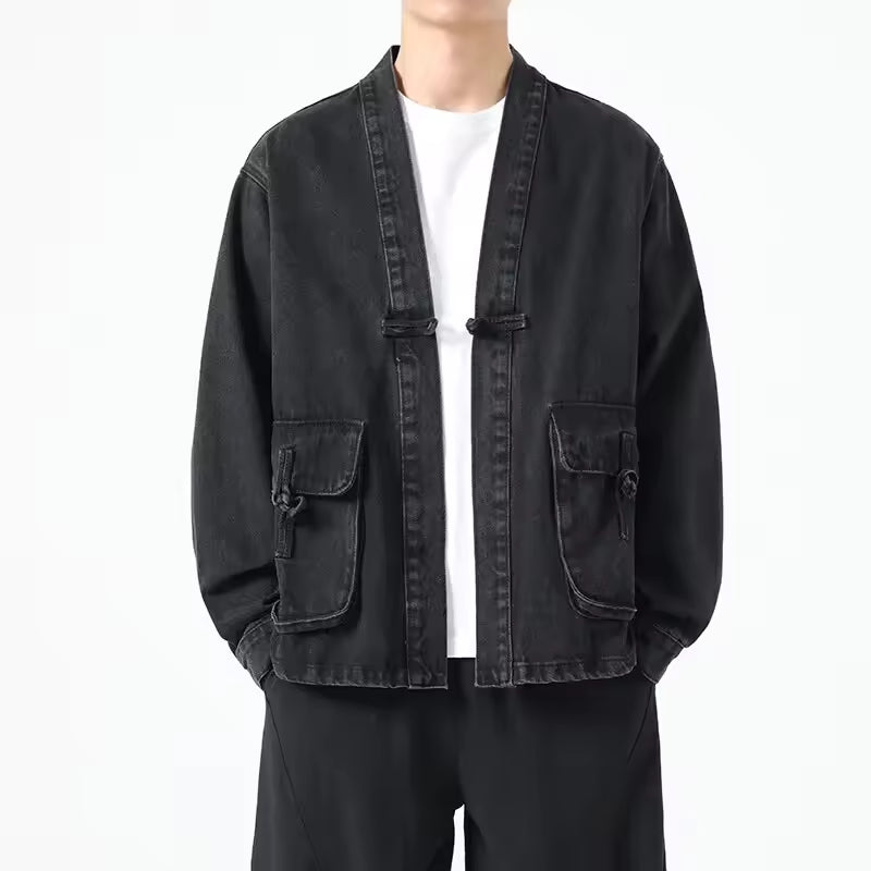Fashion Men Denim Jacket Cotton Kimono Japanese Pocket Cardigan Coat Vintage Traditional Jackets Men Hip Hop Loose Outwear