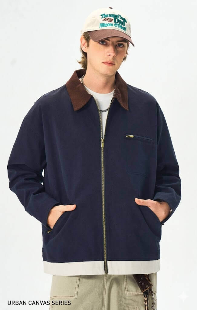Men's American Vintage Workwear Jacket - Autumn Loose Fit Washed Heavyweight Cotton Canvas Jacket with Lapel Collar