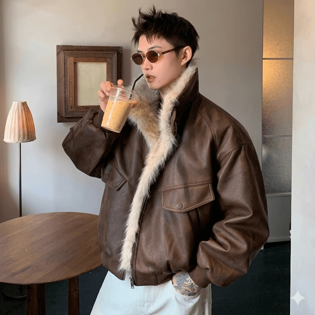 Retro American Style Men's Winter Leather Parka  High-End Insulated PU Jacket with Plush Fur Collar  2026 New Arrival